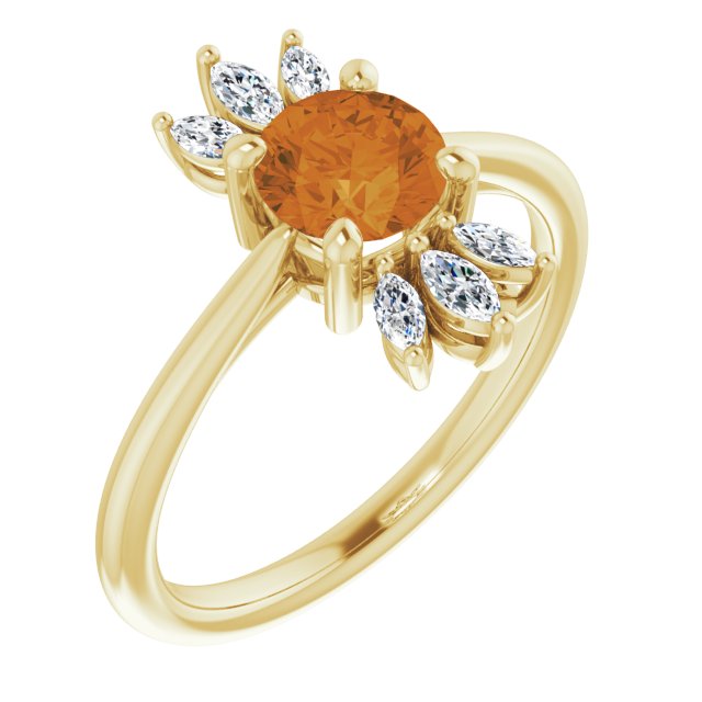 14K Gold Round Natural Citrine & Natural Diamond Accented Ring – 6mm Stones - Yellow Gold