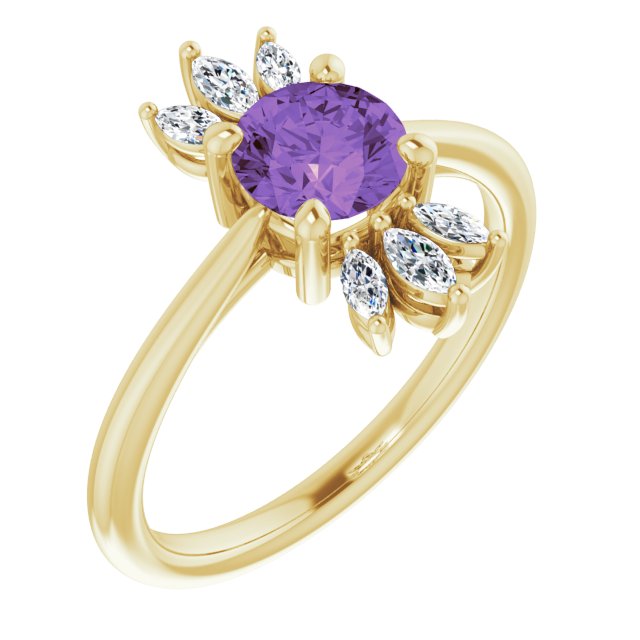 14K Gold Round Natural Amethyst & Natural Diamond Accented Ring – 6mm Stones - Yellow Gold