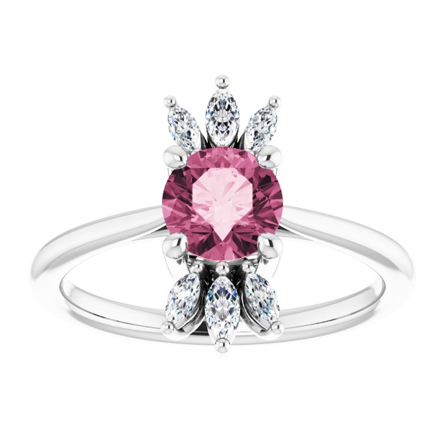 Platinum Round Natural Pink Tourmaline & Natural Diamond Accented Ring - view 3