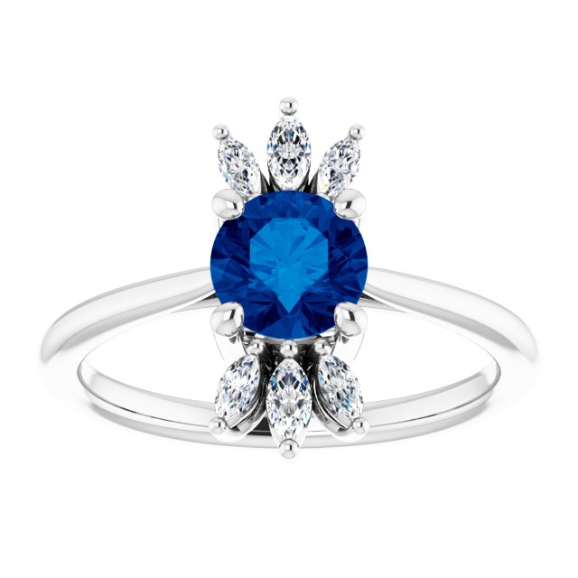 Platinum Round Natural Blue Sapphire & Natural Diamond Accented Ring - view 3