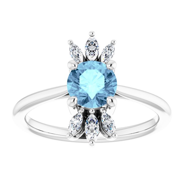 14K Gold Round Natural Aquamarine & Natural Diamond Accented Ring III - White Gold - view 3