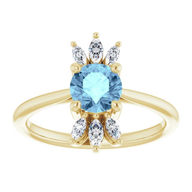 14K Gold Round Natural Aquamarine & Natural Diamond Accented Ring III - Yellow Gold - view 3