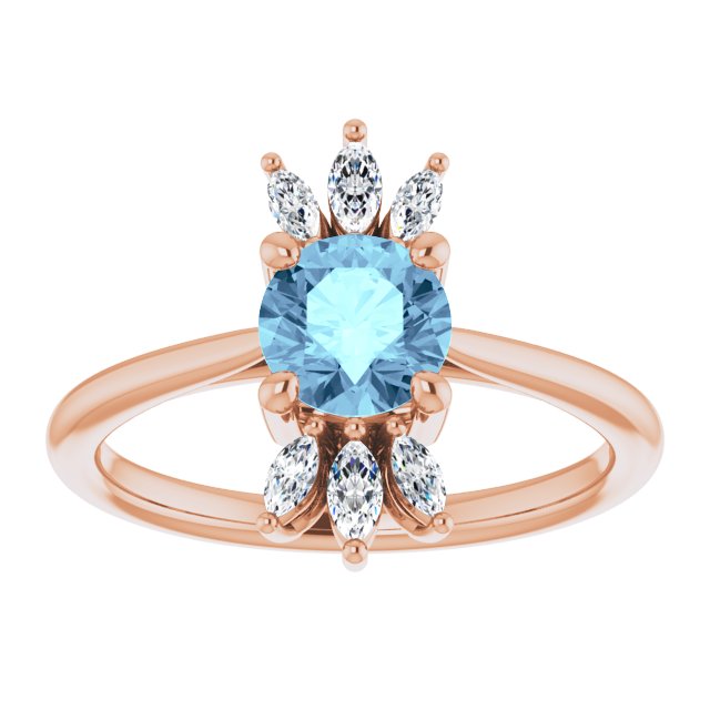 14K Gold Round Natural Aquamarine & Natural Diamond Accented Ring III - Rose Gold - view 3
