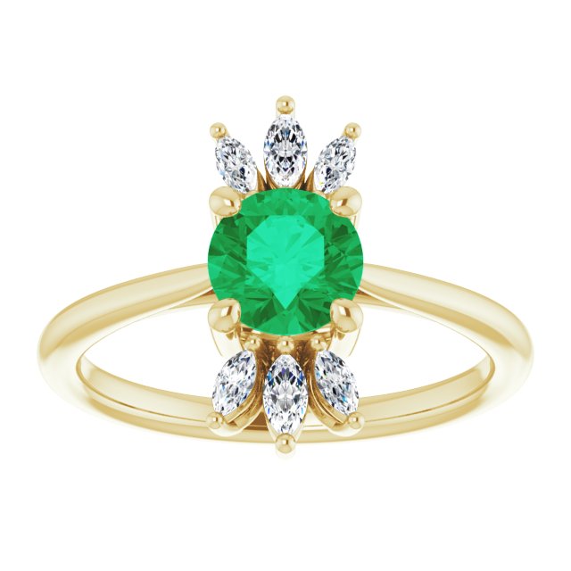 14K Gold Round Natural Emerald & Natural Diamond Accented Ring – 6mm Stones - Yellow Gold - view 3