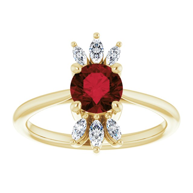 14K Gold Round Natural Mozambique Garnet & Natural Diamond Accented Ring – 6mm Stones - Yellow Gold - view 3