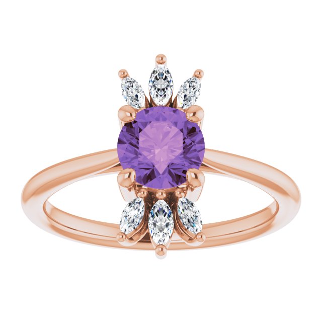 14K Gold Round Natural Amethyst & Natural Diamond Accented Ring – 6mm Stones - Rose Gold - view 3