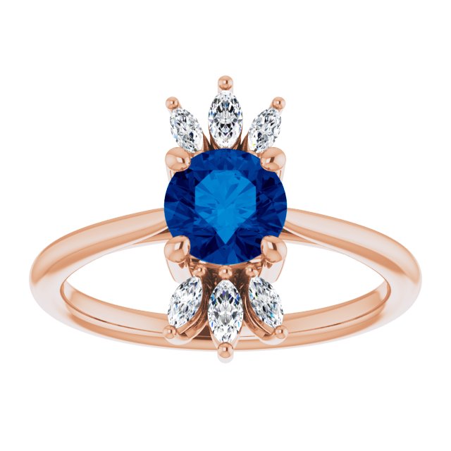 14K Gold Round Natural Blue Sapphire & Natural Diamond Accented Ring - Rose Gold - view 3