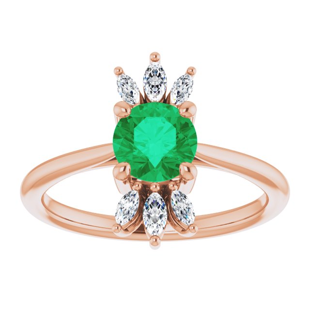 14K Gold Round Natural Emerald & Natural Diamond Accented Ring – 6mm Stones - Rose Gold - view 3