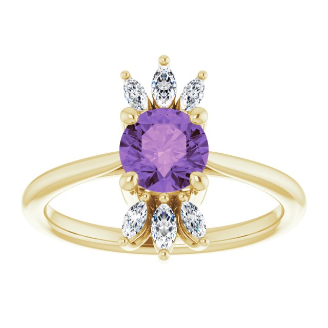 14K Gold Round Natural Amethyst & Natural Diamond Accented Ring – 6mm Stones - Yellow Gold - view 3