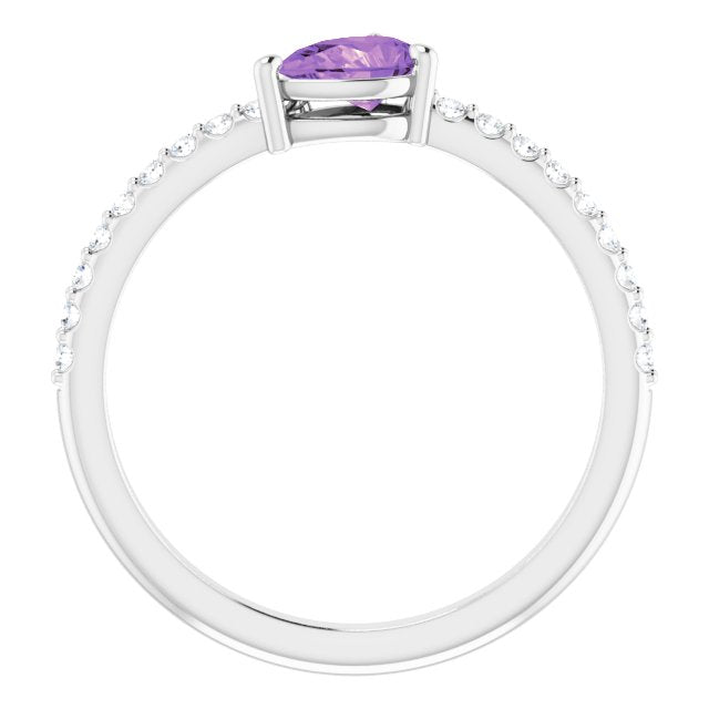 14K Gold Pear Natural Amethyst & Natural Diamond Stackable Accented Ring - White Gold - view 2