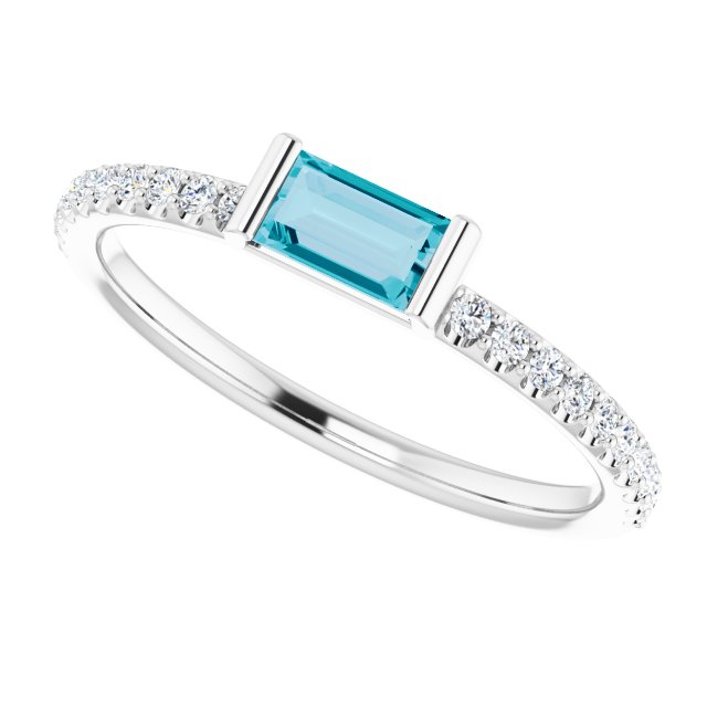 Platinum Straight Baguette Natural London Blue Topaz & Natural Diamond Accented Stackable Ring – 5x2.5mm - view 5