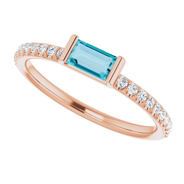 14K Gold Straight Baguette Natural London Blue Topaz & Natural Diamond Accented Stackable Ring – 5x2.5mm - Rose Gold - view 5