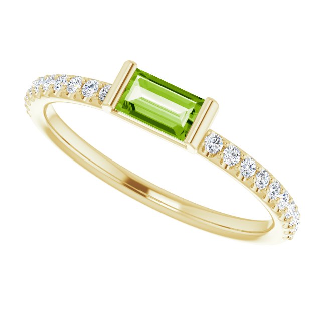 14K Gold Straight Baguette Natural Peridot & Natural Diamond Accented Stackable Ring - Yellow Gold - view 5