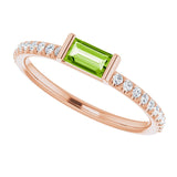 14K Gold Straight Baguette Natural Peridot & Natural Diamond Accented Stackable Ring - Rose Gold - view 5