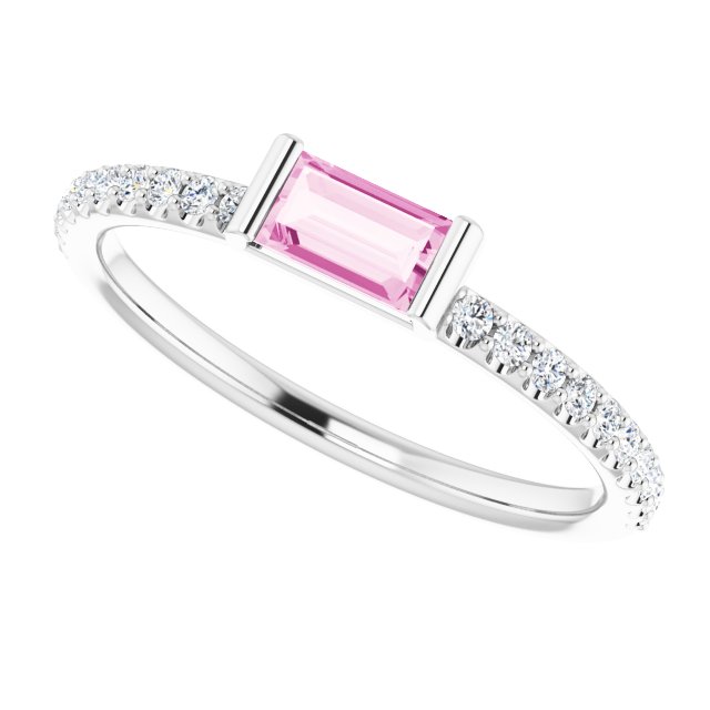 Platinum Straight Baguette Natural Pink Sapphire & Natural Diamond Accented Stackable Ring - view 5