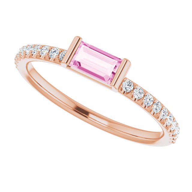 14K Gold Straight Baguette Natural Pink Sapphire & Natural Diamond Accented Stackable Ring - Rose Gold - view 5