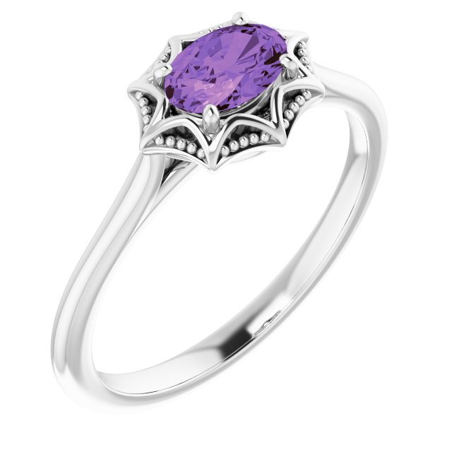 14K Gold Oval Natural Amethyst Solitaire Ring – 6x4mm - White Gold