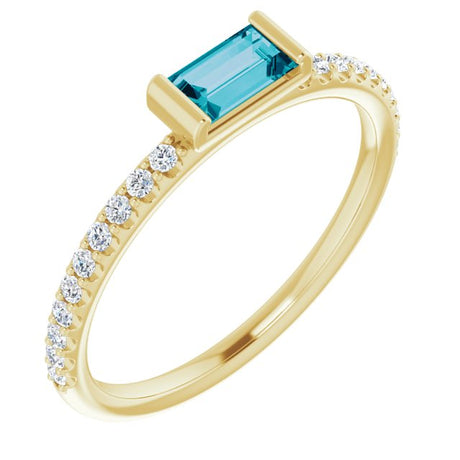 14K Gold Straight Baguette Natural London Blue Topaz & Natural Diamond Accented Stackable Ring – 5x2.5mm - Yellow Gold