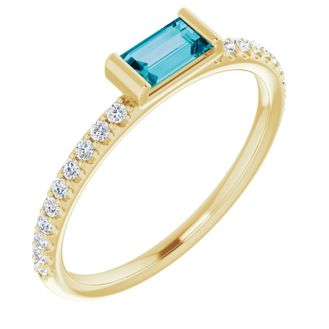 14K Gold Straight Baguette Natural London Blue Topaz & Natural Diamond Accented Stackable Ring – 5x2.5mm - Yellow Gold