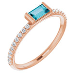 14K Gold Straight Baguette Natural London Blue Topaz & Natural Diamond Accented Stackable Ring – 5x2.5mm - Rose Gold