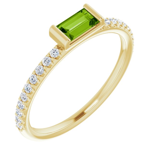 14K Gold Straight Baguette Natural Peridot & Natural Diamond Accented Stackable Ring - Yellow Gold