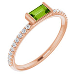 14K Gold Straight Baguette Natural Peridot & Natural Diamond Accented Stackable Ring - Rose Gold