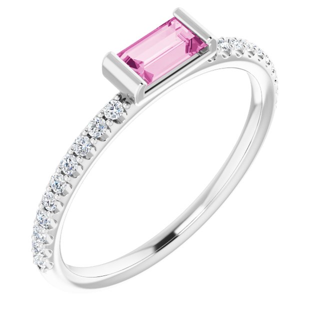 Platinum Straight Baguette Natural Pink Sapphire & Natural Diamond Accented Stackable Ring