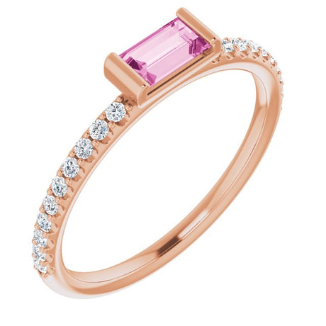 14K Gold Straight Baguette Natural Pink Sapphire & Natural Diamond Accented Stackable Ring - Rose Gold