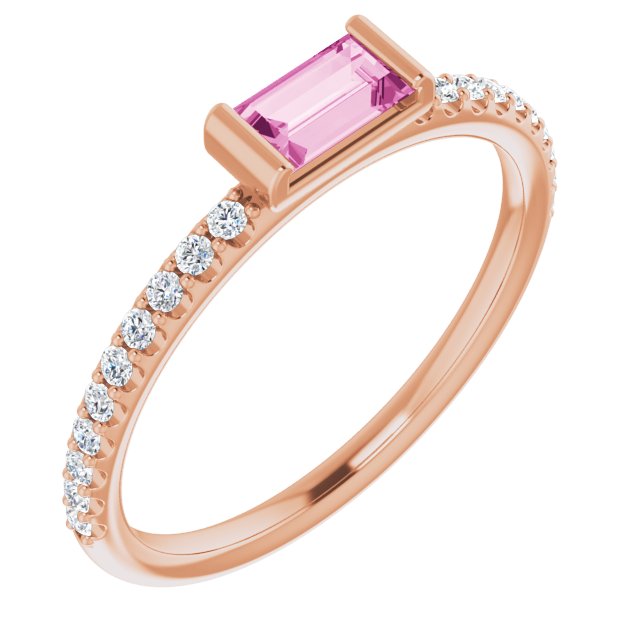 14K Gold Straight Baguette Natural Pink Sapphire & Natural Diamond Accented Stackable Ring - Rose Gold