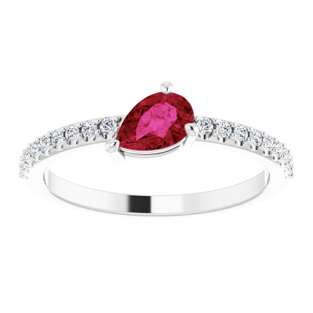 14K Gold Pear Natural Ruby & Natural Diamond Stackable Accented Ring - White Gold - view 3