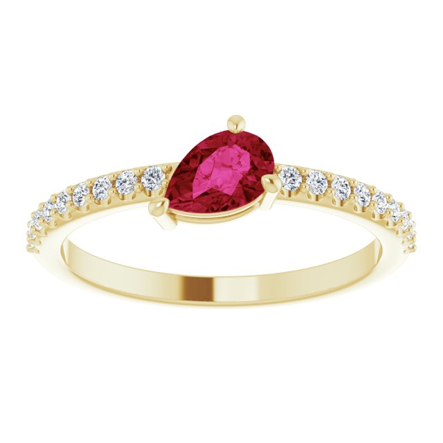 14K Gold Pear Natural Ruby & Natural Diamond Stackable Accented Ring - Yellow Gold - view 3