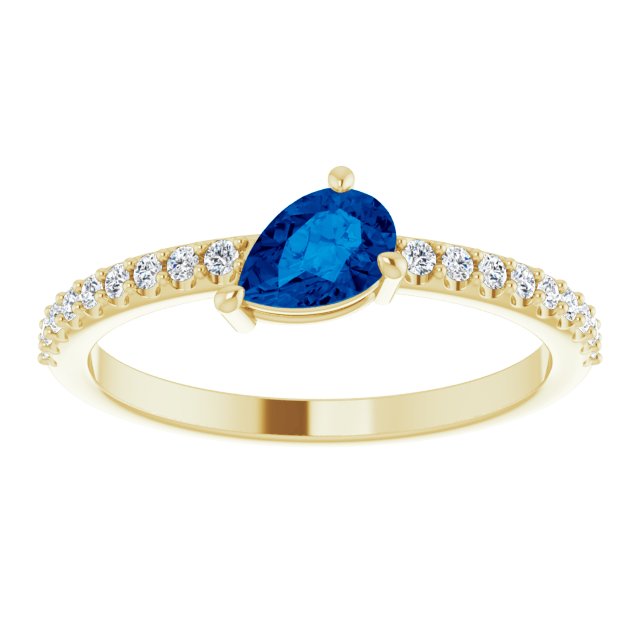 14K Gold Pear Natural Blue Sapphire & Natural Diamond Stackable Accented Ring - Yellow Gold - view 3