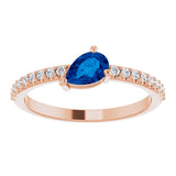 14K Gold Pear Lab-Grown Blue Sapphire & Natural Diamond Stackable Accented Ring - Rose Gold - view 3