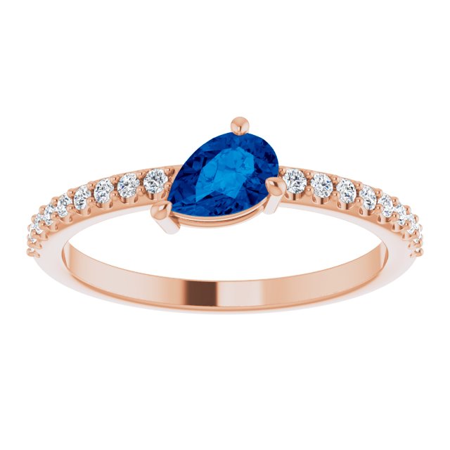 14K Gold Pear Lab-Grown Blue Sapphire & Natural Diamond Stackable Accented Ring - Rose Gold - view 3
