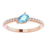 14K Gold Pear Natural Aquamarine & Natural Diamond Stackable Accented Ring - Rose Gold - view 3
