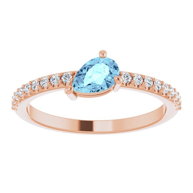 14K Gold Pear Natural Aquamarine & Natural Diamond Stackable Accented Ring - Rose Gold - view 3