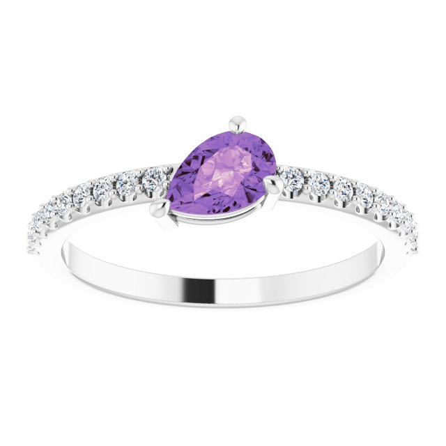 14K Gold Pear Natural Amethyst & Natural Diamond Stackable Accented Ring - White Gold - view 3