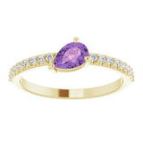 14K Gold Pear Natural Amethyst & Natural Diamond Stackable Accented Ring - Yellow Gold - view 3