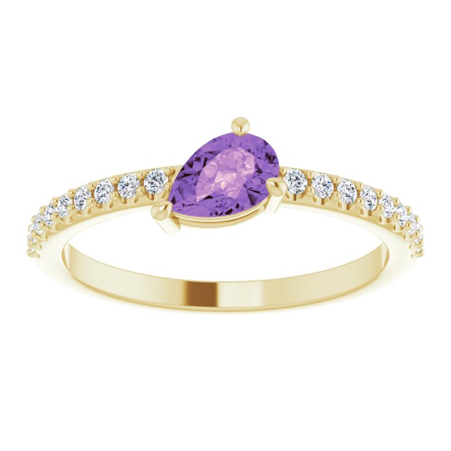 14K Gold Pear Natural Amethyst & Natural Diamond Stackable Accented Ring - Yellow Gold - view 3