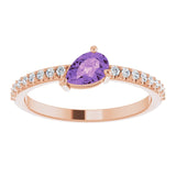 14K Gold Pear Natural Amethyst & Natural Diamond Stackable Accented Ring - Rose Gold - view 3