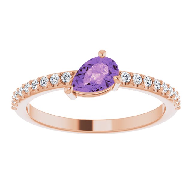 14K Gold Pear Natural Amethyst & Natural Diamond Stackable Accented Ring - Rose Gold - view 3