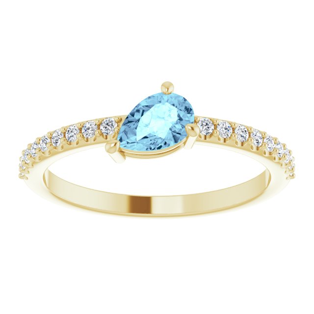 14K Gold Pear Natural Aquamarine & Natural Diamond Stackable Accented Ring - Yellow Gold - view 3