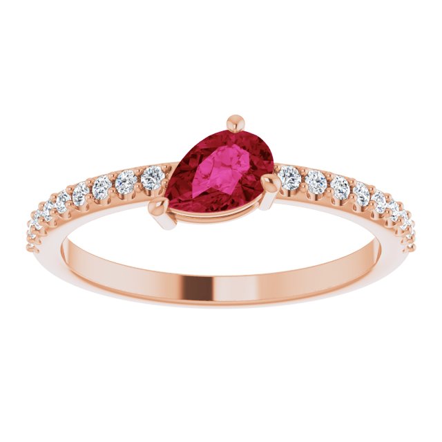 14K Gold Pear Natural Ruby & Natural Diamond Stackable Accented Ring - Rose Gold - view 3