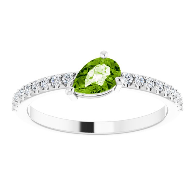 14K Gold Pear Natural Peridot & Natural Diamond Stackable Accented Ring - White Gold - view 3