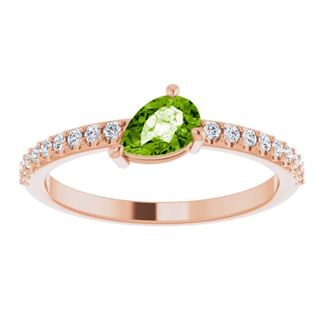 14K Gold Pear Natural Peridot & Natural Diamond Stackable Accented Ring - Rose Gold - view 3