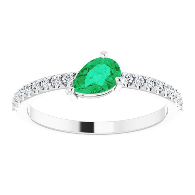 14K Gold Pear Natural Emerald & Natural Diamond Stackable Accented Ring - White Gold - view 3