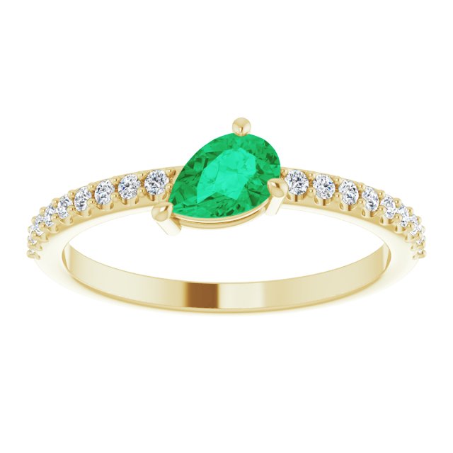 14K Gold Pear Natural Emerald & Natural Diamond Stackable Accented Ring - Yellow Gold - view 3
