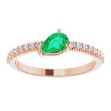 14K Gold Pear Natural Emerald & Natural Diamond Stackable Accented Ring - Rose Gold - view 3