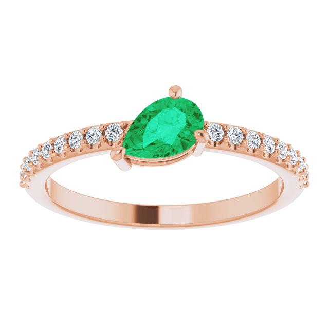14K Gold Pear Natural Emerald & Natural Diamond Stackable Accented Ring - Rose Gold - view 3