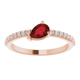 14K Gold Pear Natural Mozambique Garnet & Natural Diamond Stackable Accented Ring - Rose Gold - view 3